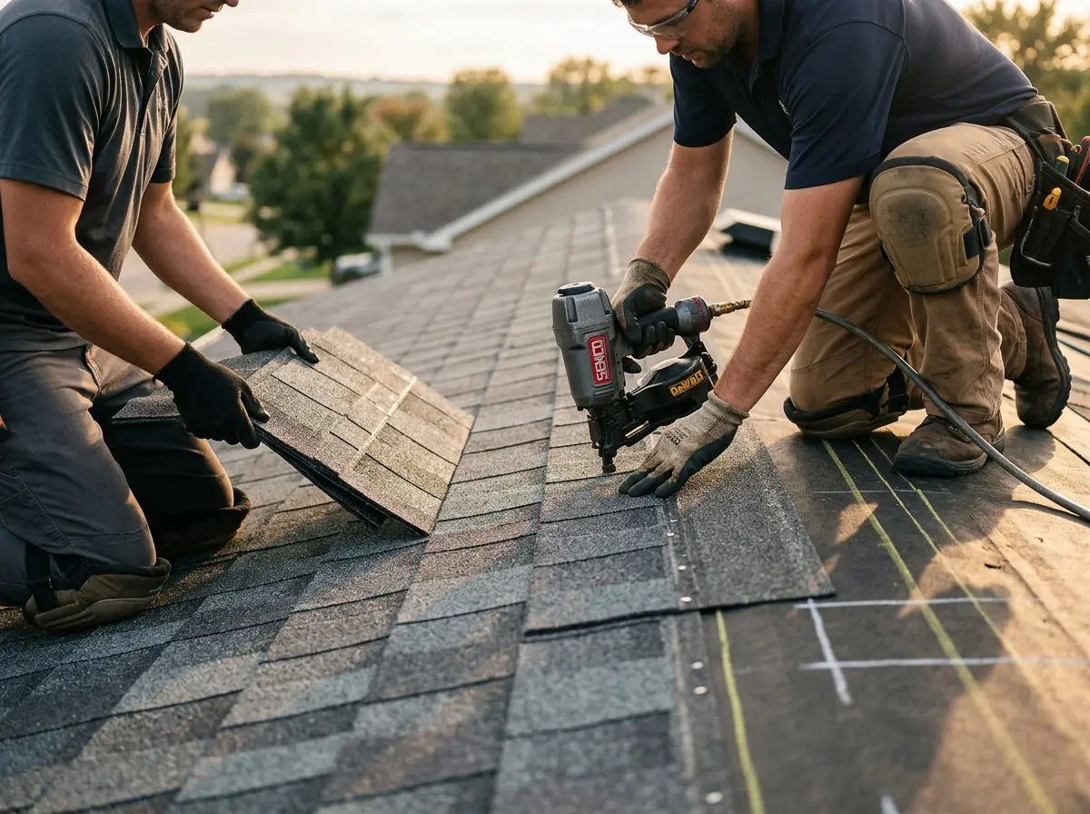 Professional roofer working on a residential roof in Royal Oak